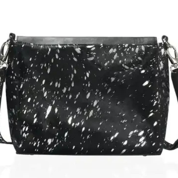 Cowhide Print Genuine Black Leather Crossbody Purse Print is Silver Splashes - Picture 6 of 8